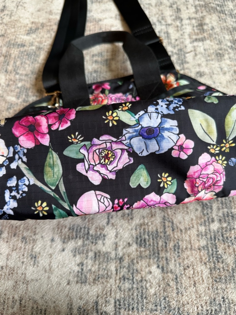 LeSportsac Floral Nylon Tote Crossbody Bag Black Multi Travel Everyday - Picture 5 of 9